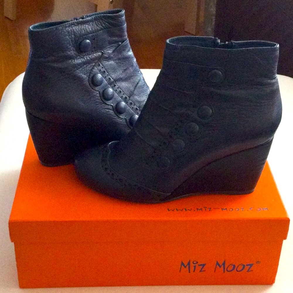 Miz Mooz Dark Blue Leather Wedge Ankle Boot with Covered Buttons